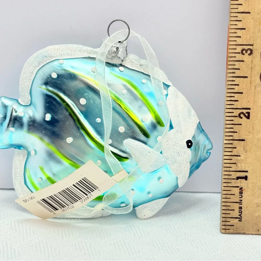 Vibrant Frosty blue and green glass blown Fish Christmas Ornament